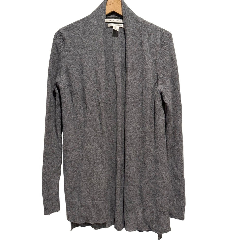 Max Studio Cashmere Cardigan Womens Medium Gray Open Front Shawl Collar Sweater